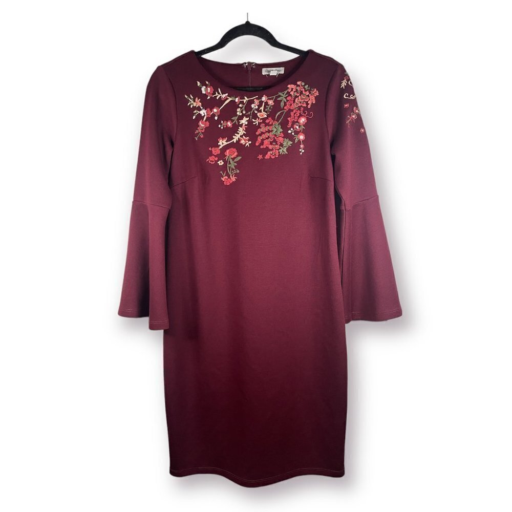 𝅺GREY & Gray Embroidered Bell Sleeve Pencil Dress Burgundy Women's Size 8/8